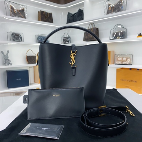 98新 YSL/聖羅蘭 LE37大號 黑金水桶包 可斜挎可單肩手提 23年編碼
