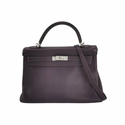 Hermes Kelly凱莉包32純色旋扣手提單肩包Togo牛皮銀扣59葡萄紫框J刻