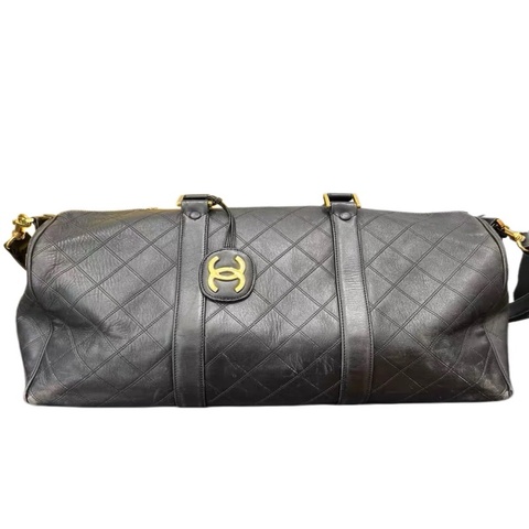 Chanel 牛皮雙C logo菱格紋波士頓行李包