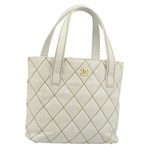 香奈兒 (CHANEL) 野性縫線手提包，白色皮革，金色雙C標誌，型號：mr2601A