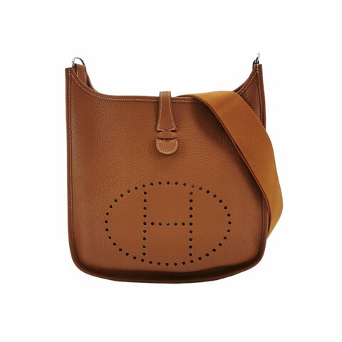 Hermes Evelyne29鏤空斜斜肩背包Clemence（TC）牛皮銀扣37金棕框M刻