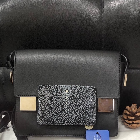 Delvaux德爾沃 Madame 黑色方形插扣單肩斜挎包 附件：鏡子  18x15x5。