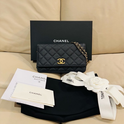 Chanel 香奈兒 WOC 鏈袋包/黑金款/荔枝牛皮/晶片款/99新美品