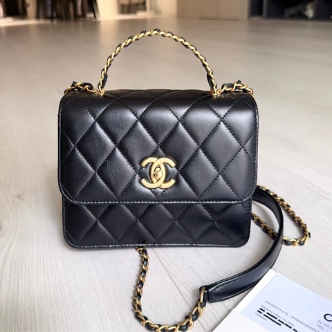 小巴黎二手名牌 真品 晶片款 極新 黑金 Chanel  handle 有購證