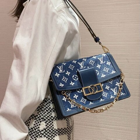 LV 藍色丹寧牛仔Dauphine中號 肩背斜背包 24.5x12x19cm 98新配件塵袋