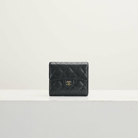 二手Chanel Cf三折短夾/黑金 芯片款