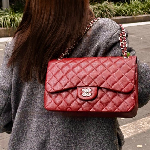 Chanel 香奈兒 紅色 荔枝皮 Classic Jumbo Coco 30 肩背包 鍊帶包 銀釦 A58600