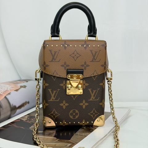 🤎路易威登LOUIS VUITTON CAMERA BOX 老花滿印鎖扣開合鏈條 牛皮革 盒子包手機包手提包單肩包斜挎包 棕色 金扣