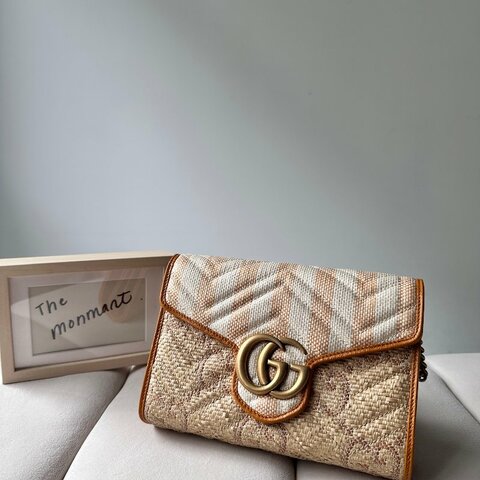 全新 GUCCI 拉菲草 GG Monogram Matelasse 肩背包 手拿包
