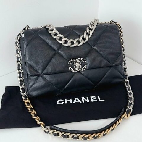 芯片款 香奈兒/Chanel 黑銀19Bag中號 大菱格金剛款枕頭包