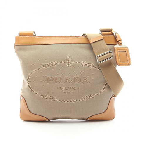 PRADA LOGO JACQUARD 斜背單肩包 帆布皮革 米色 棕色 二手 女士