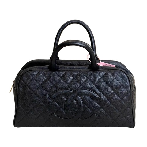 Chanel 黑金魚子醬雙c logo菱格紋波士頓行李包