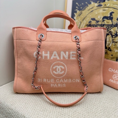 【近新閒置品】Chanel 香奈兒 22C桔粉色銀扣磁扣單肩沙灘包托特包購物袋 芯片款 實用時髦