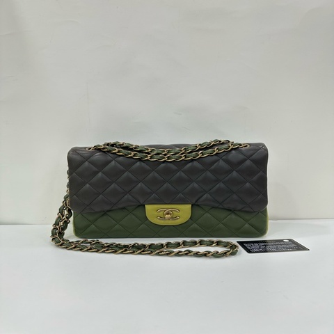 CHANEL香奈兒 拼色軍綠金扣CF jumbo 雙蓋 18開 底長31cm