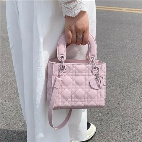 Dior迪奧胭脂粉羊皮mini三格戴妃包磨砂扣手提斜挎包