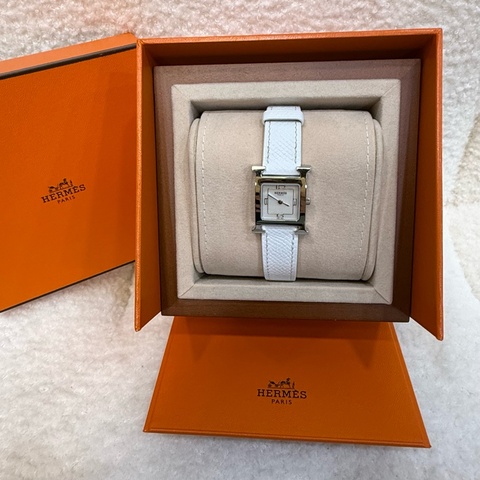 Hermes 銀色錶框拼白牛皮錶帶手錶