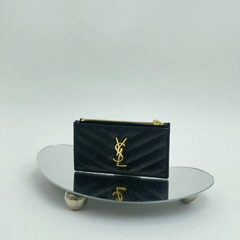 YSL 粒面壓紋牛皮拉鍊卡片零錢包 黑金