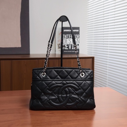 【VUINCA Vintage 8-14天出貨】 CHANEL 黑色 銀扣 牛皮 托特包