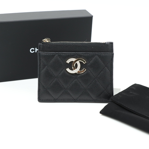 Chanel 香奈兒 CC LOGO 水鑽 淡金 黑色 牛皮 卡夾