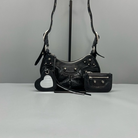 Balenciaga巴黎世家Le cagole月牙包藍黑色斜背包 銀扣
