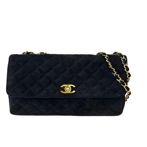 Chanel 黑金雙c扣菱格紋麂皮鏈條包