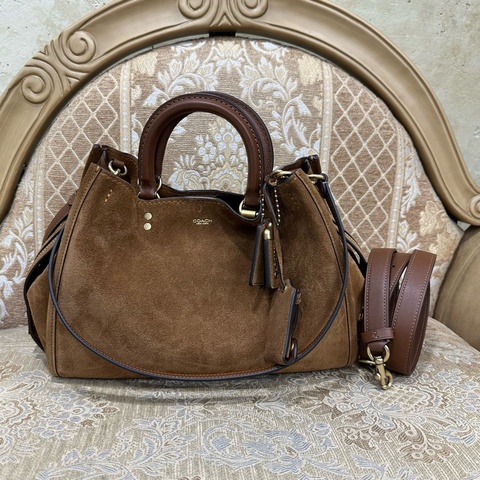 Coach 咖麂皮拚咖牛皮金釦Rogue31手提肩斜背包