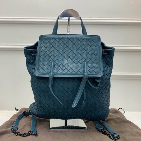 Bottega Veneta葆蝶家雙肩包 藍色羊皮 BV經典編織背包 抽繩設計 鏈條肩帶可拆卸