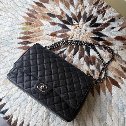 Chanel jumbo maxi 荔枝牛皮黑色銀鏈