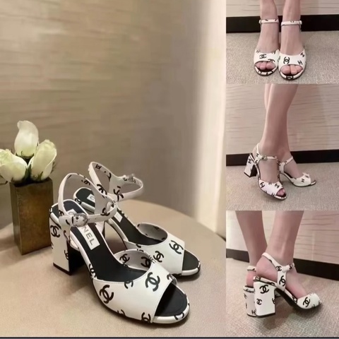 CHANEL 雙C LOGO白色高跟鞋38.5