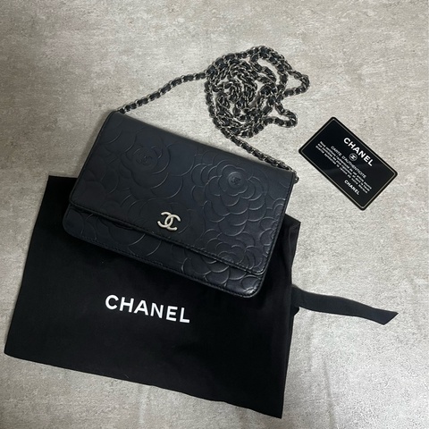 正品 Chanel woc黑銀山茶花壓紋