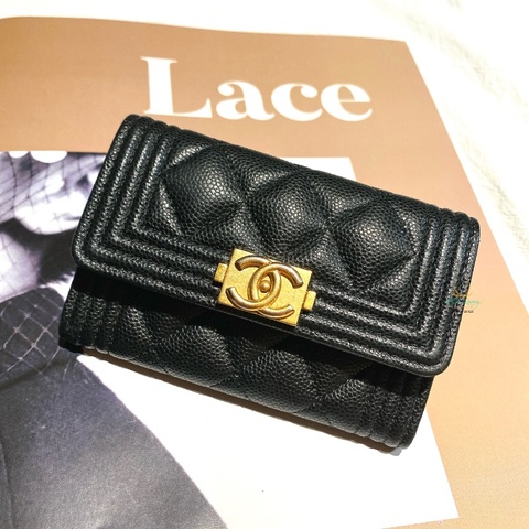CHANEL 香奈兒 A80603 Boy系列 黑色 x 復古金 荔枝皮 牛皮 單層 釦式卡包 卡夾 小錢包 零錢包