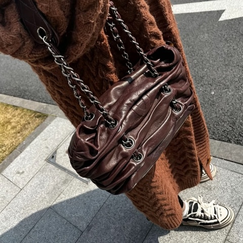 CHANEL香奈兒酒紅漸變褶皺羊皮單肩托特包🕵🏻‍♀️🕵🏽