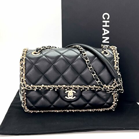 CHANEL 手工坊黑金珍珠滾邊 CF肩背斜背包 25*17*10 99新配件盒子塵袋