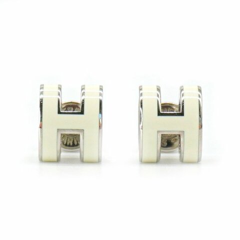 Hermes Pop H 立體簍空橢圓logo耳環-mini(白/銀)
