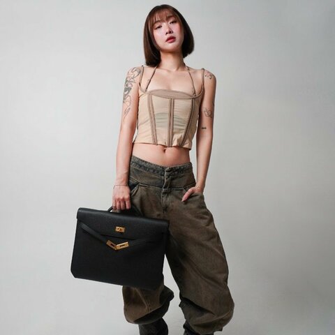 Hermes 展示品 Kelly depeches Epsom牛皮金釦公事包(Noir黑)
