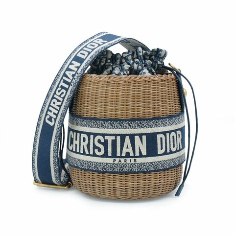 Dior 展示品 Wickker 編織緹花藤籃刺繡水桶包(藍)