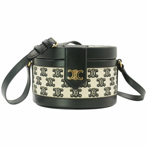 Celine 展示品 Tambour Triomphe 標誌印花帆布凱旋門圓筒包(黑/白)