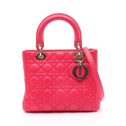 Medium Lady Dior 兩用包 桃紅色 Cannage 藤格紋 牛皮 銀釦【Dior 迪奧 】 M0565ONGE
