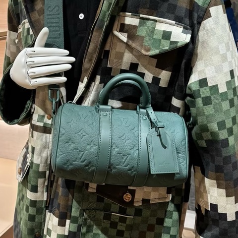 摩登紳士風🈶購證💎Lv路易威登霧霾青藍全牛皮keepall25保齡球包手提單肩斜挎包