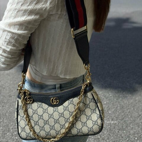 s5582-Gucci Ophidia老花拼深藍牛皮金釦手提肩背包735132