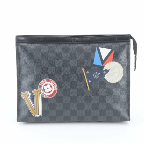 全新路易威登 Damier 石墨 Pochette Voyage MM LV League N64442 男士皮革手拿包