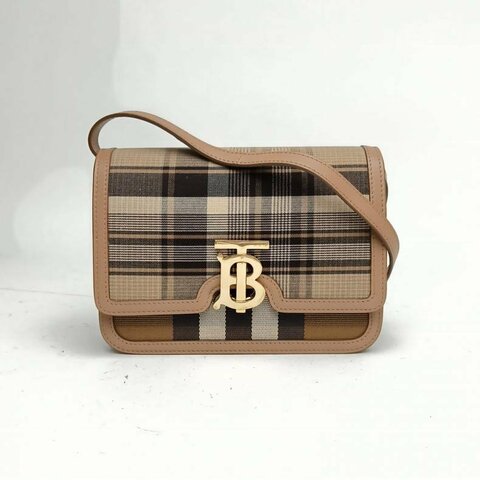 Burberry 棕色棋盤格帆布金扣格紋TB扣豆腐包單肩包