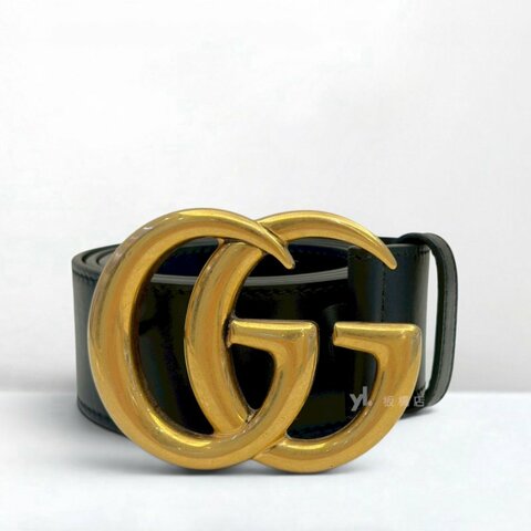 S5597-GUCCI  黑牛皮雙G復古金釦皮帶400593