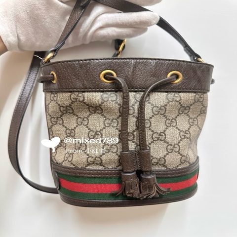 GUCCI 古馳經典OphidiaGG印花帆布迷你水桶包