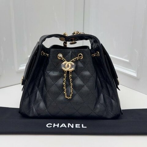 近新品 香奈兒/Chanel 25bag黑金小號抽繩水桶包 芯片款