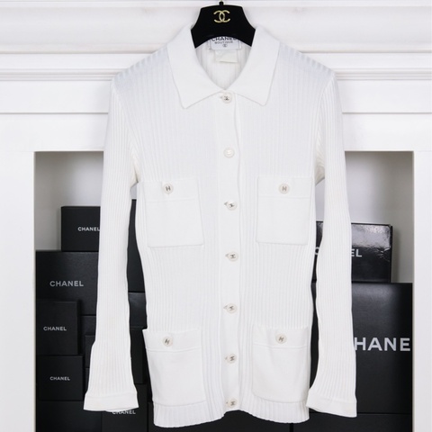 Chanel 07年白色针织白银扣四口袋开衫外套