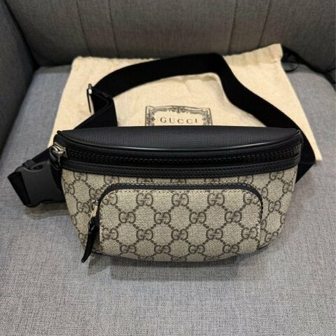 💎Han's house精品服飾💎GUCCI 古馳 GG Supreme 塗層帆布 皮革 小款 腰包 義大利製