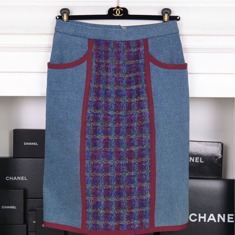 Chanel 91年撞色丹宁牛仔紫色粗花呢滚边半裙