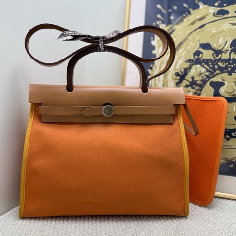 【近新閒置品】愛馬仕Hermès herbag31 橙色帆布銀扣 T刻 外縫線 簡單實用百搭 手提單肩斜背包