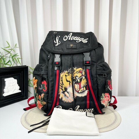 GUCCI古馳 帆布刺繡雙肩包 黑色帆布配老虎刺繡圖案 金色虎頭logo